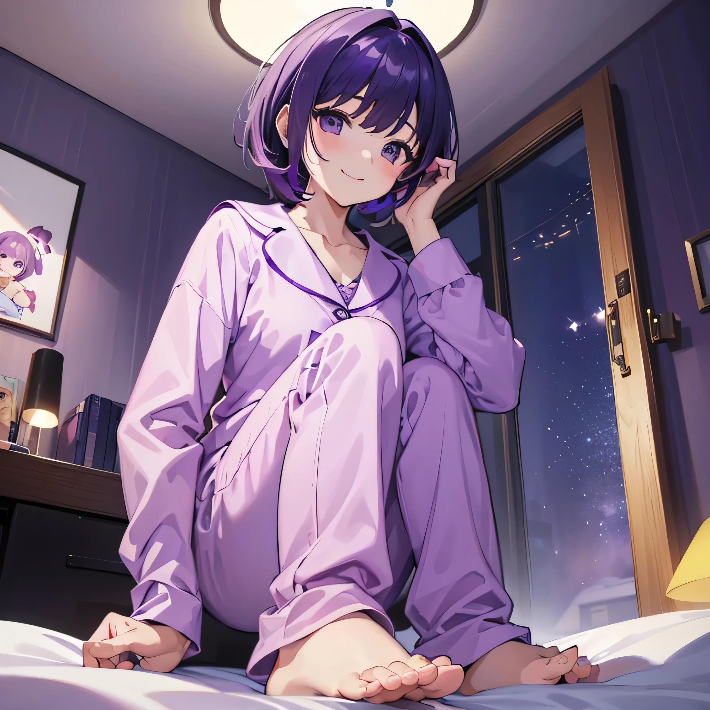 (T Masterpiece，4k wallpaper，Best Quality))、((girl１people))、(solo)、Bright and Brilliant，(Purple Hair)、(Shortcuts:1.3)、smile、Bedroom、pajamas、night