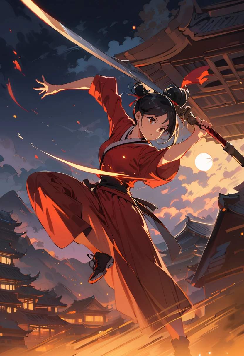 (((best quality))),(((Ultra Detailed))),(((masterpiece))),illustration,1 female,swordsman,Female Warrior,Chinese traditional clothing,Chopping Exercise,Motion Blur Standing,Ink style,Martial Arts,dynamic poses,roof,moonlight,night,background,old Chinese building,Misty Mountains,contour,peaceful
