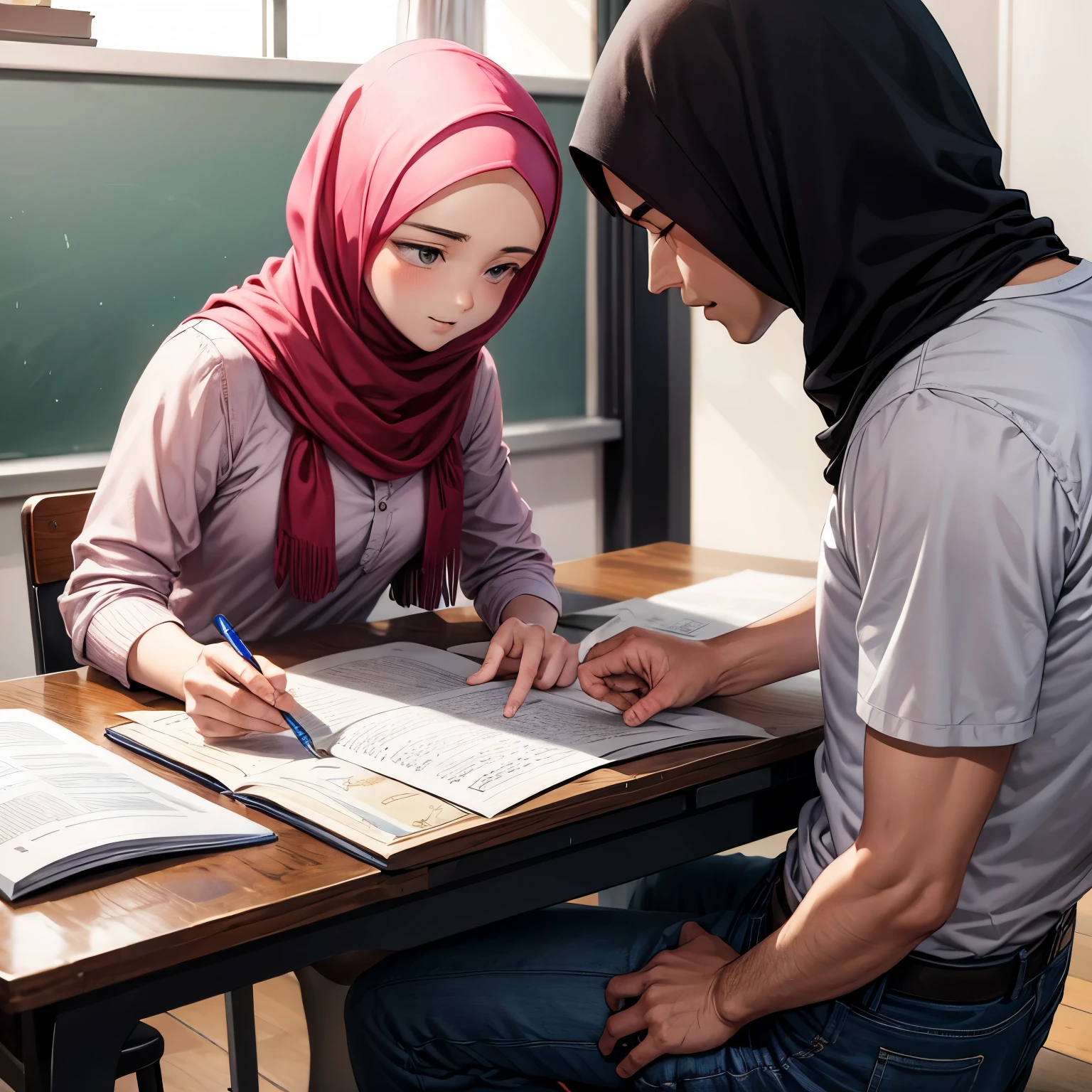 Malay teacher wearing hijab and baju kurung sexy beautiful body giving blowjob to male student in classroom. Realistic image. Romance.
