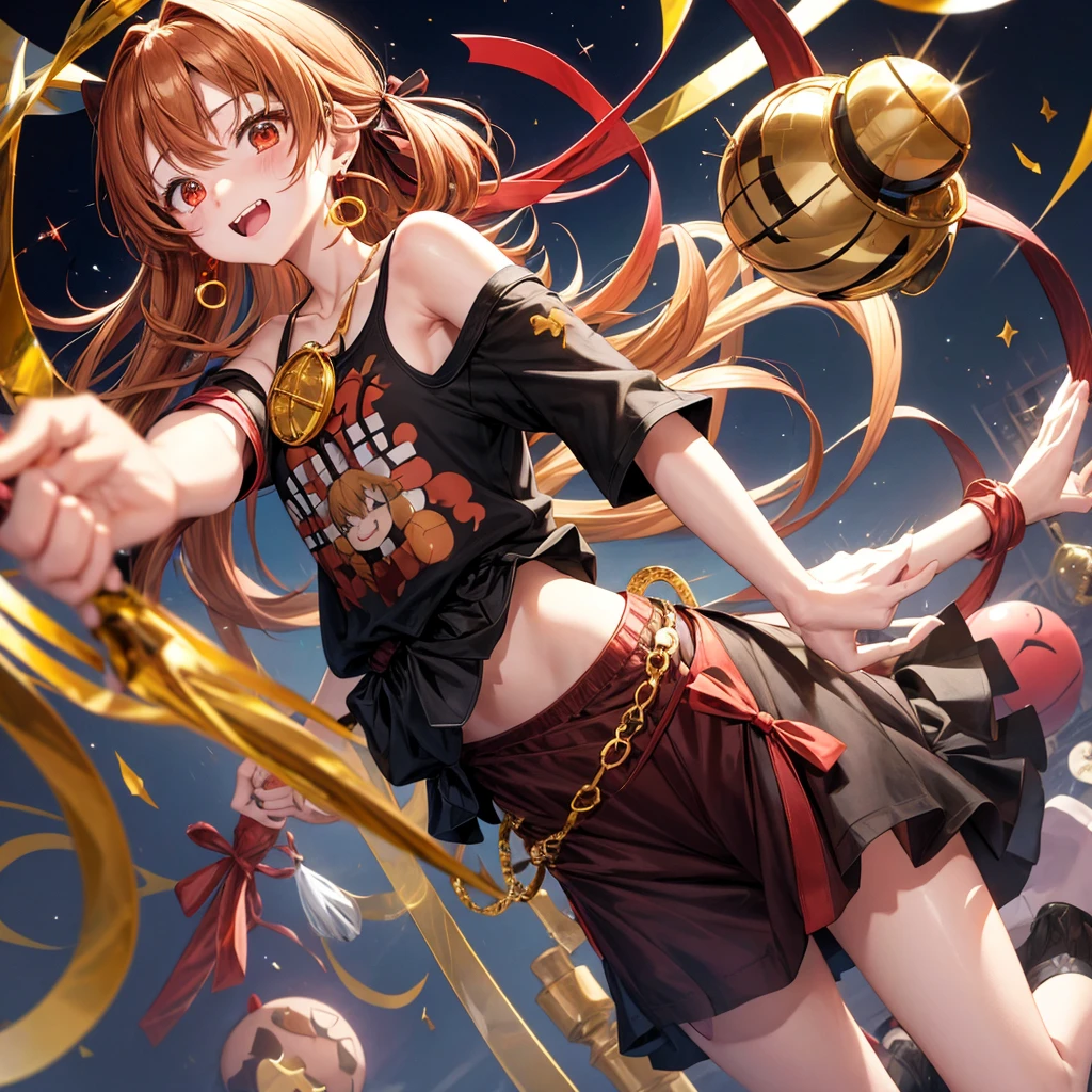 Brown, red, gold, golden hair、Red eyes、One good looking girl、solo、anime、Checkered mini skirt、Black camisole、Black T-shirt、hoodie、Wearing a ribbon、Ribbon on waist、Crystal Earrings、treasure石のネックレス、Light and shadow、Tilting face、Teeth are visible、Marble pillar、The floor is reflecting、Kind Face、Kuroko、treasure、wearing goggles on head