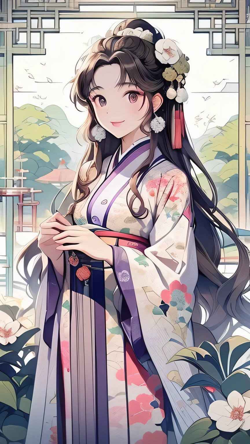 Middle-aged oriental woman, long light brown wavy hair, small violet eyes, discreet smile. She wears a kimono with light pastel colors. In an oriental garden.