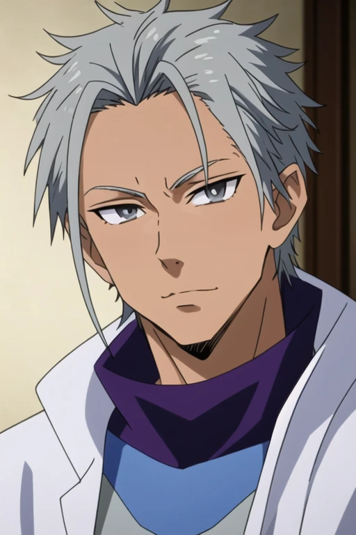 masterpiece, best quality, photorealistic, 1boy, solo, male focus, looking at viewer, upper body, , grucius_tensei_shitara, grey hair, grey eyes