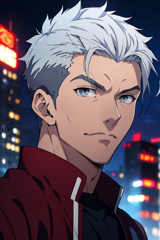 masterpiece, best quality, a close up of a toned man, gray eyes, city, cityscape, sky, night, ulra detailed, 8k, high res, (detailed clear young face: 1.2), (anime: 1.3), fate unlimited blade works, award winning, eye focus, fate, anime style, silver hair, very short undercut, black t-shirt, facing the viewer,