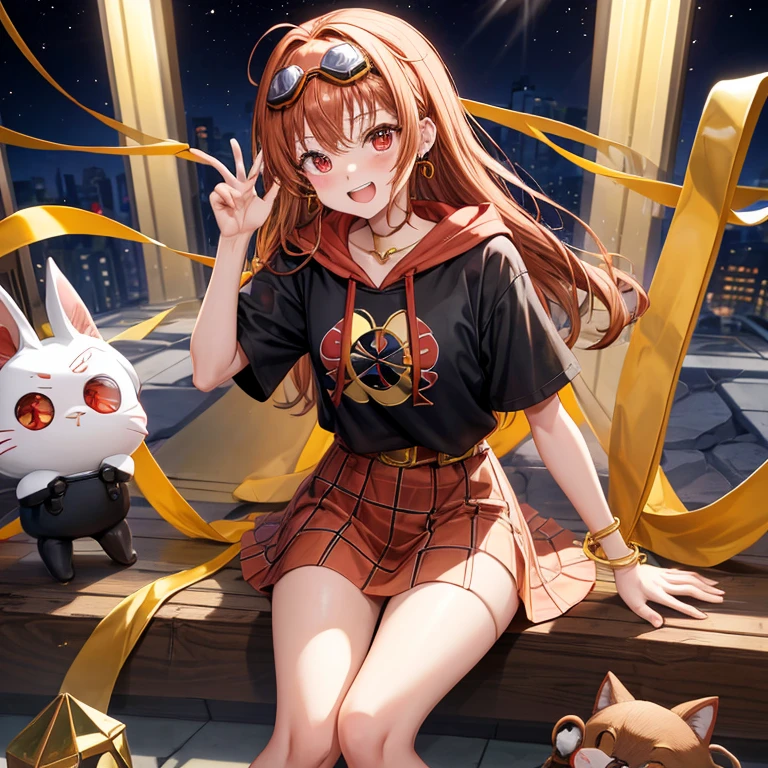 Brown, red, gold, golden hair、Red eyes、One good looking girl、solo、anime、Checkered mini skirt、Black camisole、Black T-shirt、hoodie、Wearing a ribbon、Ribbon on waist、Crystal Earrings、treasure石のネックレス、Light and shadow、Tilting face、Teeth are visible、Marble pillar、The floor is reflecting、Kind Face、Kuroko、treasure、wearing goggles on head