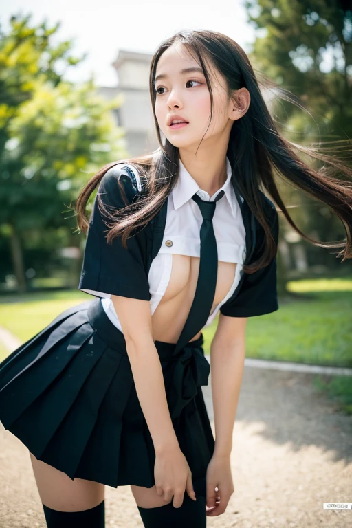(((windy, windy, about to be blown away, windy: 1.2, windyจากล่างขึ้นบน, noมีท่อนบน, bare chest, Skirt blowing in the wind, Skirt fluttering in the wind, Skirt fluttering in the wind, Stand face down, cynical audience, hold back, Surprised look)))), ((black hair, long hair, Japanese high school girl, (button up high school uniform: 1.3), Dark blue uniform skirt, High Socks, See-through underwear, The shape of the pubic area is clearly visible., pubic hair, Bristles on the lower abdomen)), ((Emphasize the thighs, white thighs, soft thighs, Inner thigh, shiny thighs, face angle, standing in front, Zoom the camera onto the target.)), (((angle from below))), (sexual arousal: 1.5), floating hair NovaFrog style, floating hair, no, 8k, raw photos: 1.2, (best quality: 1.4, Masterpiece: 1.4), super details, best illustrations, ความละเอียดสูงisพิเศษ, Portrait, Film texture, 1 girl, depth of field, realistic: 1.4, fine hair, ผมrealistic, realistic light, realistic shadows, เสื้อผ้าที่realistic, realistic skin, เนื้อผิวisธรรมชาติ, Portrait: 0.6, light particles, lens flare, glowing particles: 0.6, Bokeh: 1.2, big: 1.2, is: 1.2, cute: 1.5, professional writing, Photon mapping, Radiation, Physical rendering, ไร้สาระอย่างnoน่าเชื่อ, shiny skin, Pale skin: 1.2, perspective, Pure Rose Face_V1: 0.7, close up: 1.1, fair skin: 1.1, round face: 1.5, Bags under the eyes, purple eyes, Double eyelids, One row: 1, floating hair, put on makeup, Japanese girl, outdoor