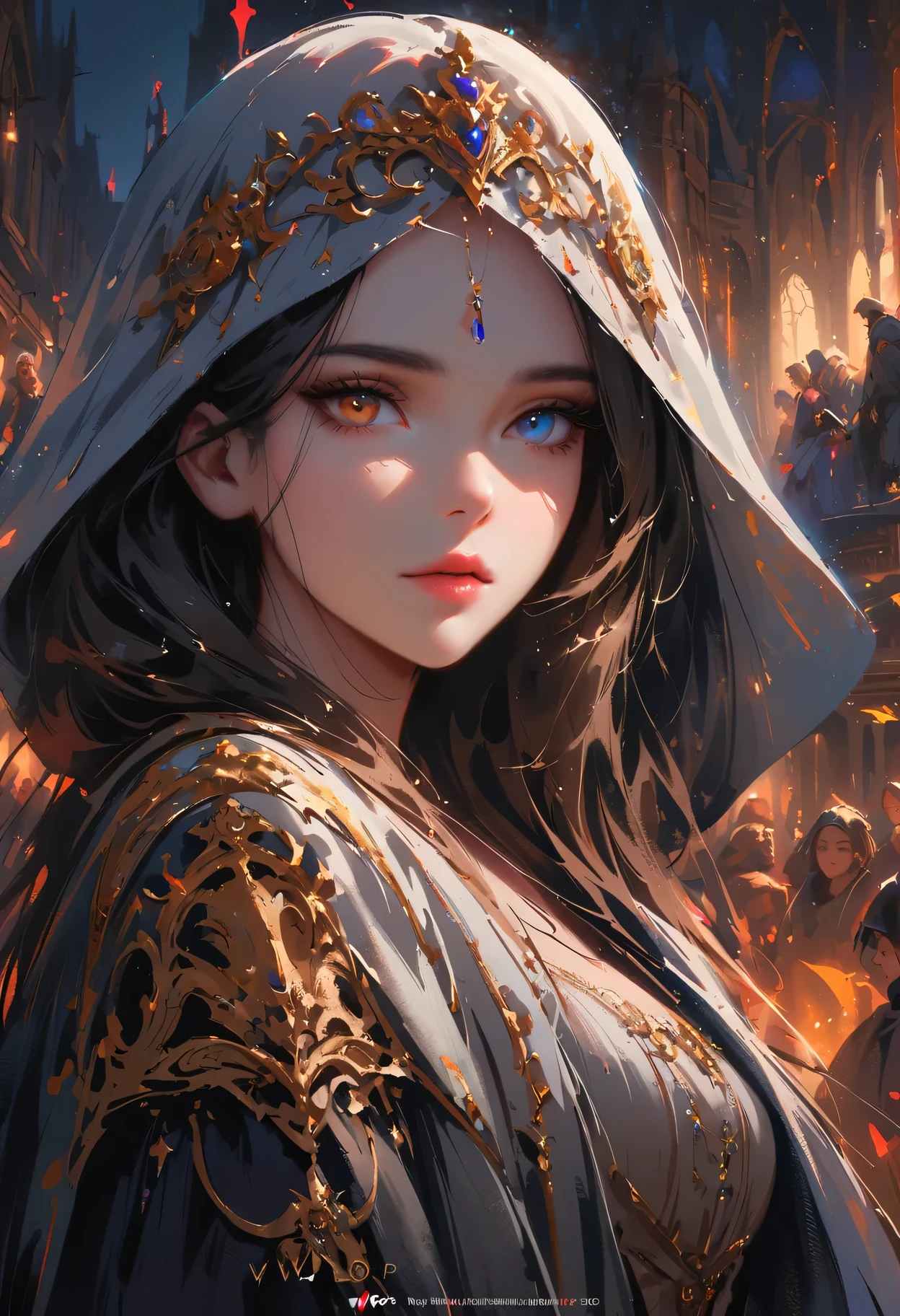 sakimychan style, Wlop style, portrait, Delicate face, Beautiful woman, Full lips, Opaque veil, Medieval veil, Head Rail, 12th century, Heterochromia of the Eyes, iridescent eyes, medieval clothing, Briot, Lord of the Rings dress, Nearly perfect, Beautiful anime style, People Panorama, Clean Delicate face, glowing shadow, beautiful gradient, Depth of Field, Clean Graphics, high quality, High Detail, HD, Luminous Studio graphics engine