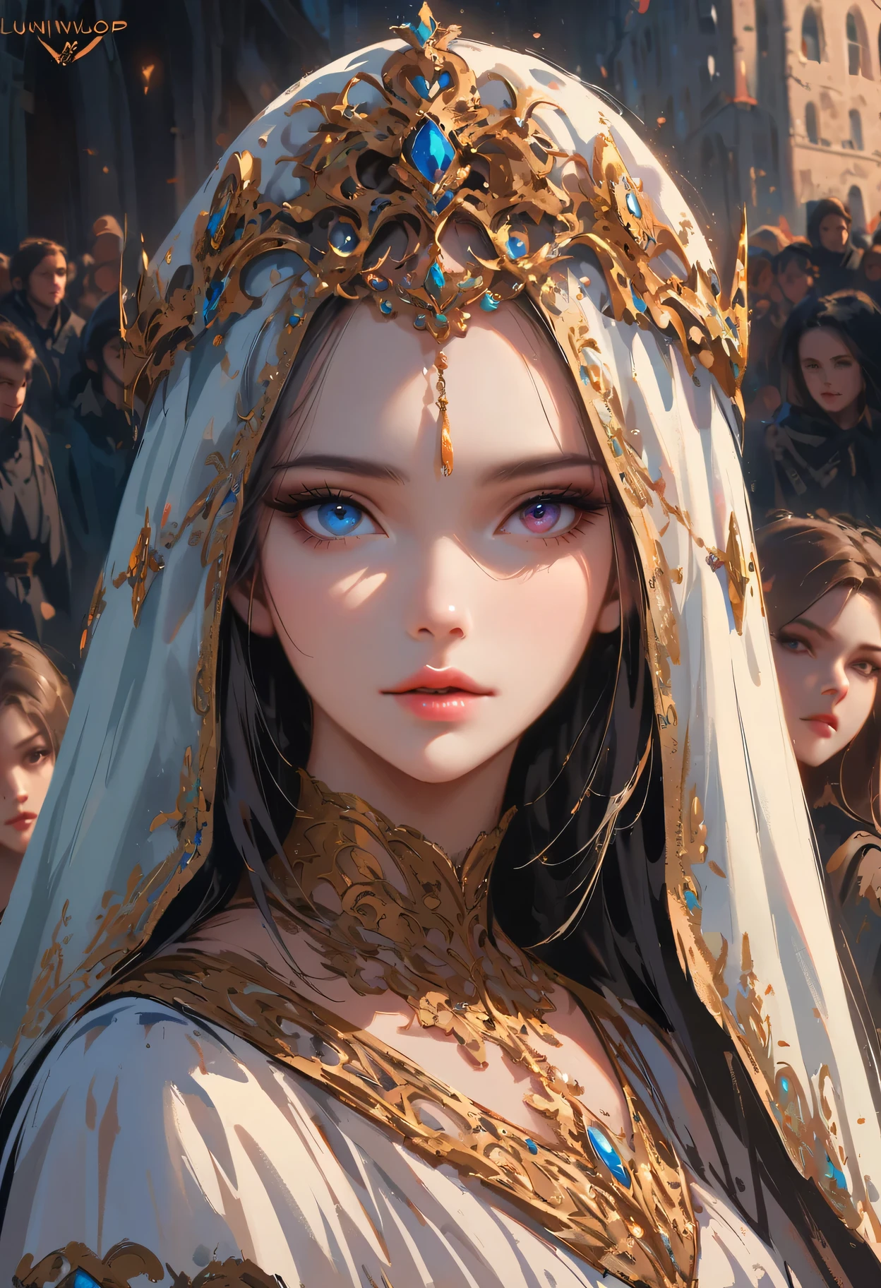sakimychan style, Wlop style, portrait, Delicate face, Beautiful woman, Full lips, Opaque veil, Medieval veil, Head Rail, 12th century, Heterochromia of the Eyes, iridescent eyes, medieval clothing, Briot, Lord of the Rings dress, Nearly perfect, Beautiful anime style, People Panorama, Clean Delicate face, glowing shadow, beautiful gradient, Depth of Field, Clean Graphics, high quality, High Detail, HD, Luminous Studio graphics engine