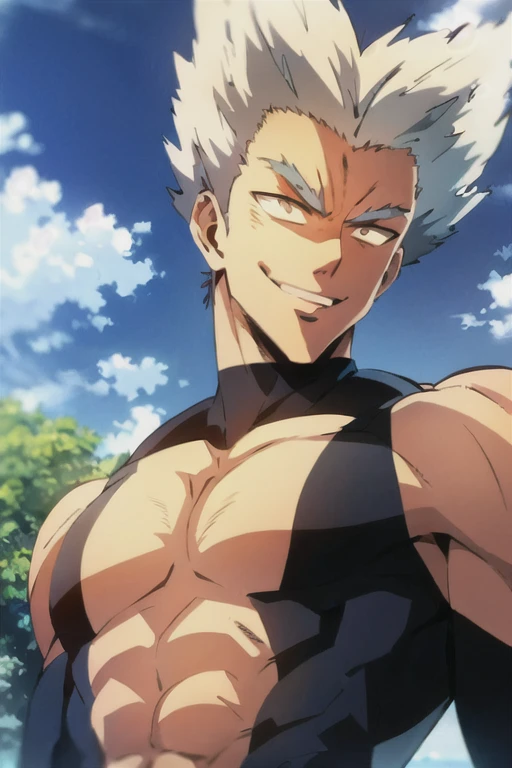 garou, anime, one punch, 1boy, upper body, male focus, solo, spiked hair, white hair, looking at viewer, sky, smile, cloud, tree, outdoors, day, 