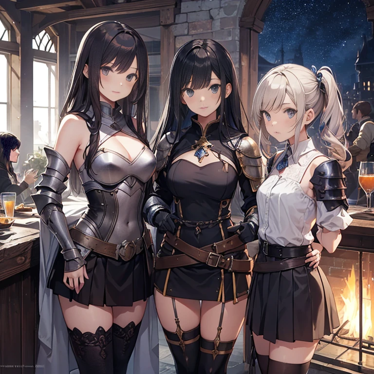 A group of female medieval fantasy adventurers, (in tavern), various hair styles, harem, night, details face, short skirt, seducing, sleeveless, armor