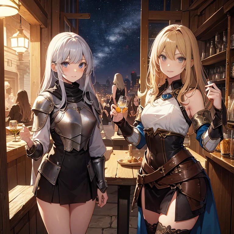 A group of female medieval fantasy adventurers, (in tavern), various hair styles, harem, night, details face, short skirt, seducing, sleeveless, armor