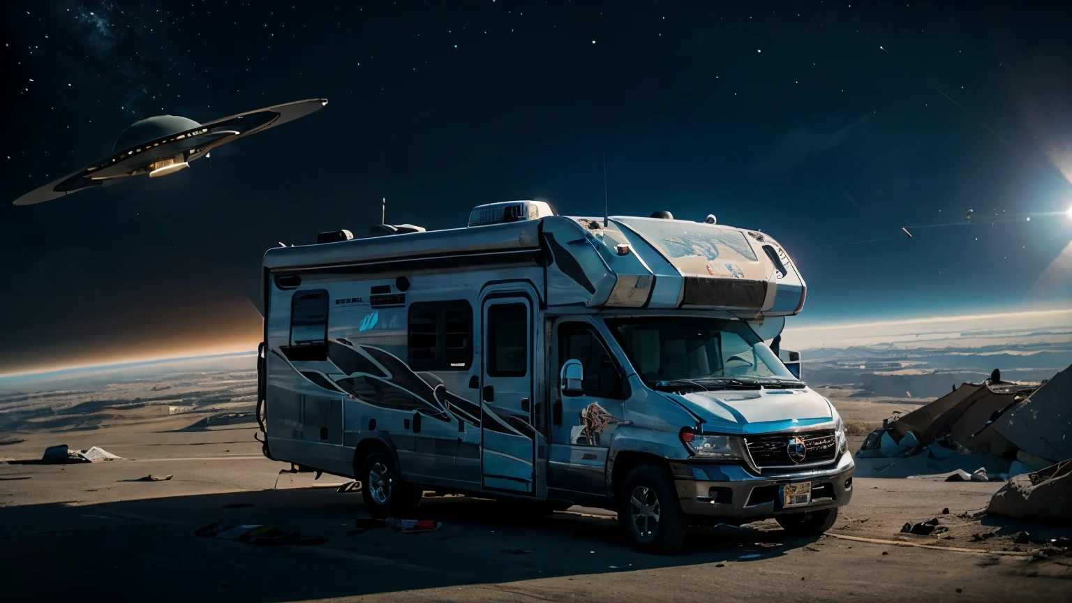 a sci-fi alien RV flying in space, beat up, damaged, graffiti, highly detailed