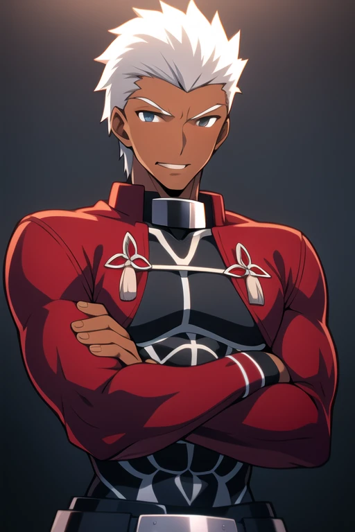 (detailed:1.3),upper body, 
emiya_shiro,dark skin,smirk, crossed arms, lip biting, 
Ultra-detail,(highres:1.1),best quality,(masterpiece:1.3),cinematic lighting,