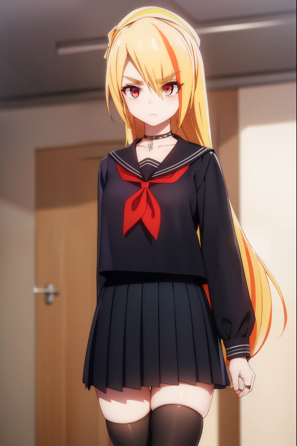 Saki nikaidou , blonde hair, , lip piercing, long hair, multicolored hair, disgusted face. 
BREAK asymmetrical legwear, black skirt, blue thighhighs, jewelry, mismatched legwear, neckerchief, necklace, piercing, pleated skirt, ring, , serafuku, shirt, skirt, thighhighs, torn clothes, torn thighhighs, 
BREAK looking at viewer,
BREAK indoors, classroom,
BREAK (masterpiece:1.2), best quality, high resolution, unity 8k wallpaper, (illustration:0.8), (beautiful detailed eyes:1.6), extremely detailed face, perfect lighting, extremely detailed CG, (perfect hands, perfect anatomy),