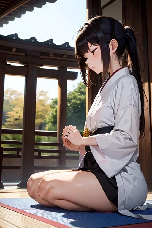 (8K), (Best Quality), (Mastepiece: 1.2) Japan Temple A woman practicing zazen meditation