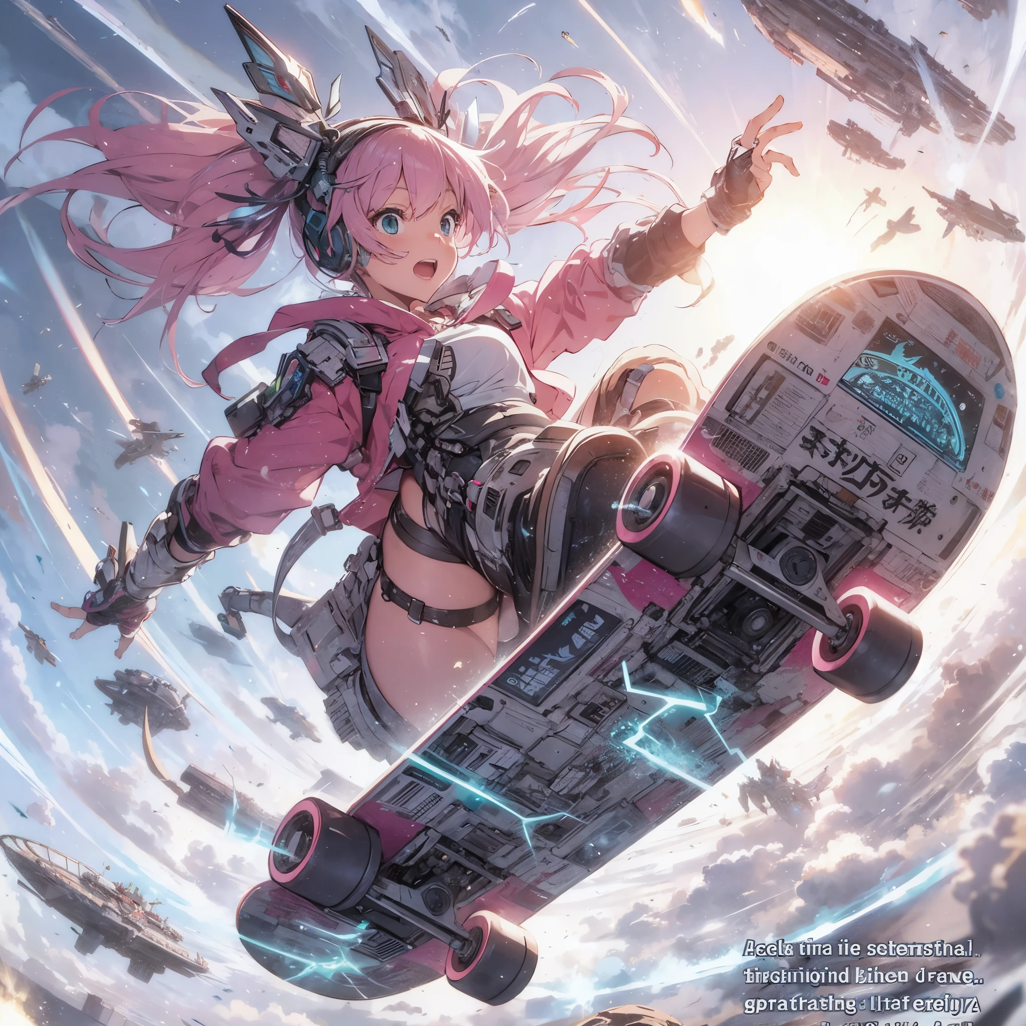 Sci-Fi style eureka anime illustration, rough and intense illustration of 1girl, jumping high in the sky on a mecha skateboard. The background depicts a mecha air-surfing high in the sky and a dynamic jump to the sky with elements of breakdancing. The images are dynamic and dynamic from below, using thick, exaggerated lines and brush strokes to emphasize the accelerated speed and mecha-gimmick-packed action. Pink-chan has medium-length pastel green hair