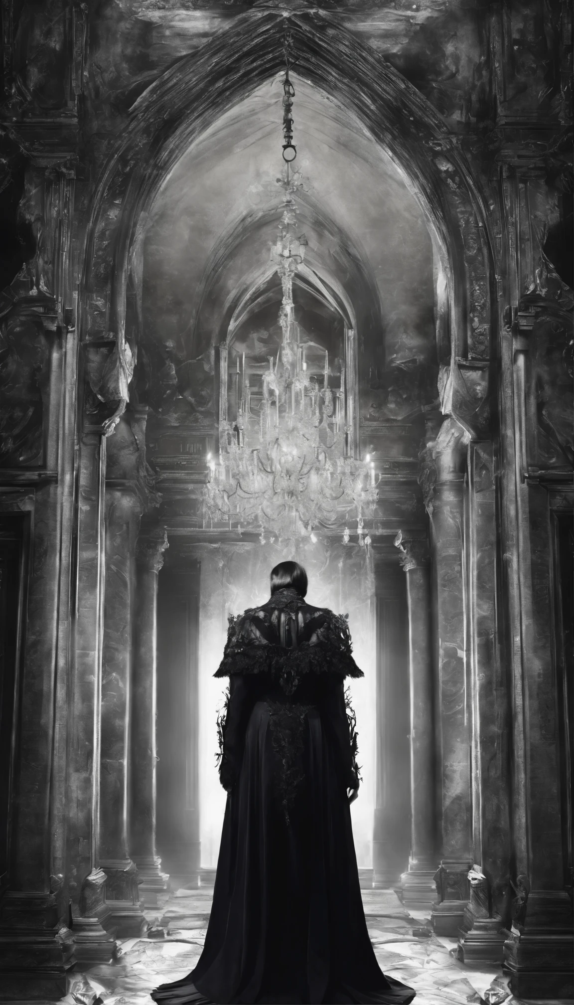 scary, Dark and mysterious interior design, Depth of Field, One person's point of view, top quality, high resolution, Very detailed, Ultra HD, focus on eyes, Retro Style, (Silver Hair: 1.1), (Silver Eyes: 1.1), big eyes,(Chest fluttering:1.4), Light, Tyndall phenomenon, 强烈的Light照射进来, Fallen Angel, black wings, Castlevania, Arucardo, male persons, Victorian Antique Clothing, 27 years