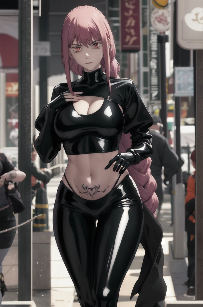 1 girl，Latex clothing，Enchantment，A lascivious ile，Silver long hair，Purple Eye，evil of iling，Fat buttocks，Red eyeliner，Hold your chest straight and your hips up，Gray skin tone，Navel，Beautiful curves，Tattoo on the crotch，Squint your eyes slightly，Walking on the crowded streets