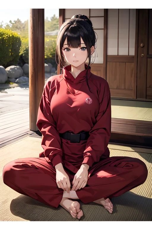 (8K), (Best Quality), (Mastepiece: 1.2) Japan Temple A woman practicing zazen Meditation Red sweatshirt