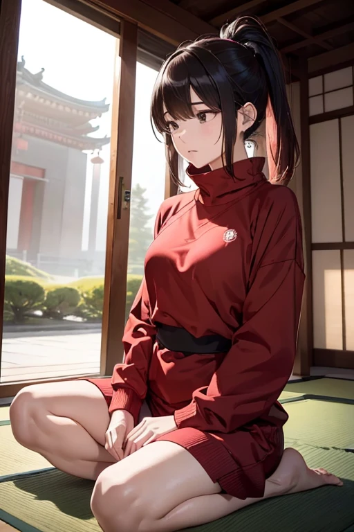 (8K), (Best Quality), (Mastepiece: 1.2) Japan Temple A woman practicing zazen Meditation Red sweatshirt