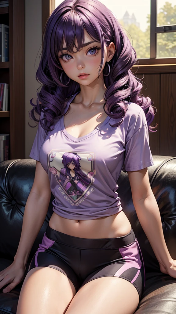 (masterpiece), (best quality), (detailed), light layer, 1solo girl, young girl, perfect body, purple hair in curls, defined large chest, small waist,defined collarbone, ultra realistic, photorealistic, detailed, ,Enhance, wearing a anime shirt and bike shorts, living room background, sitting on couch 