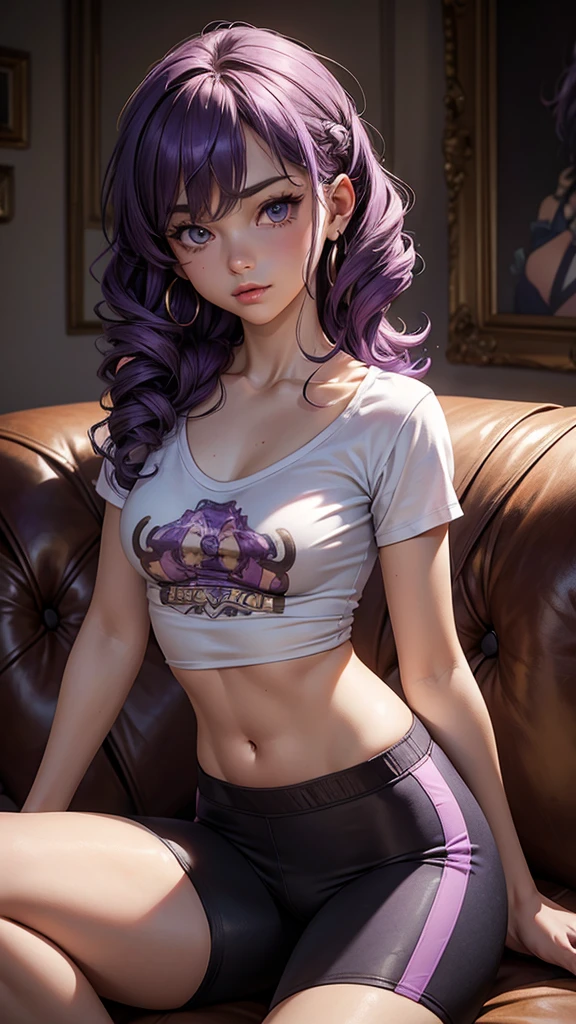 (masterpiece), (best quality), (detailed), light layer, 1solo girl, young girl, perfect body, purple hair in curls, defined large chest, small waist,defined collarbone, ultra realistic, photorealistic, detailed, ,Enhance, wearing a anime shirt and bike shorts, living room background, all fours, back turned, looking over shoulder 