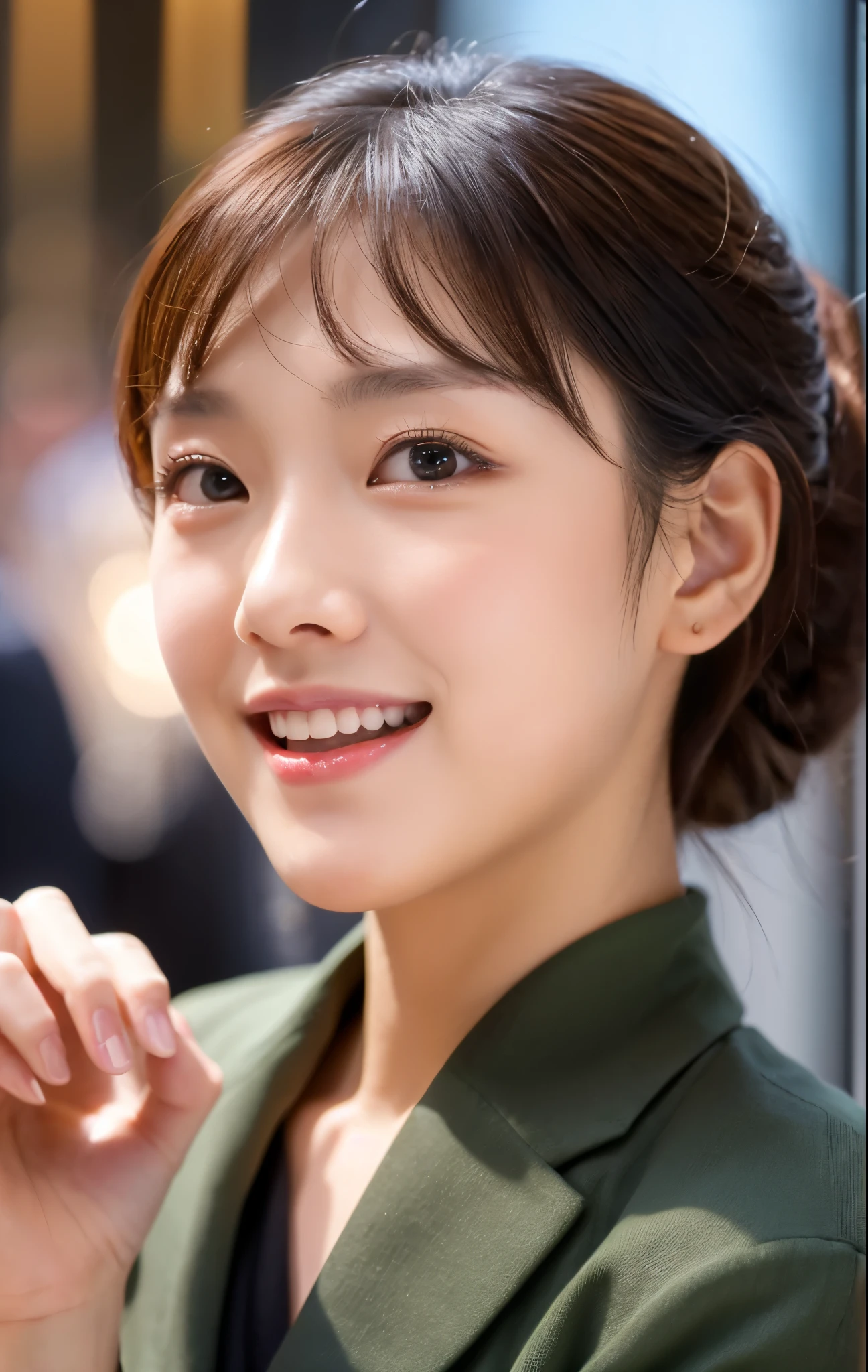 masutepiece,(An ultra-high picture quality),Japan Girl,Delicate face during lunch,Delicate skin,delicate nose,Delicate lips,delicate hair,Beautiful face,Angles facing the viewer,Laughing and having fun,Stylish café,Beautiful cityscape,Smooth semi-long chignon,Delicate eyes(Lifelike eyes),Gray business suit,About 24 years old,Good weather,profetional lighting,