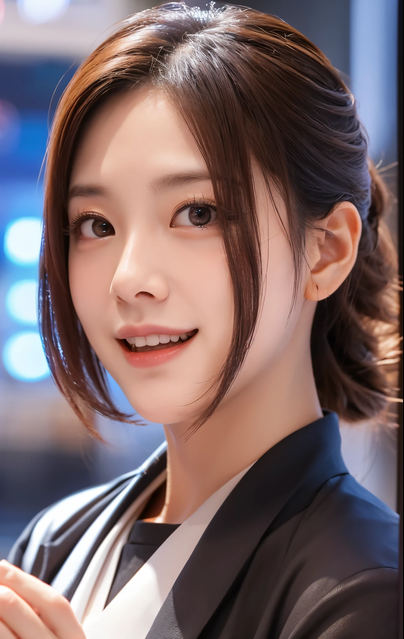 masutepiece,(An ultra-high picture quality),Japan Girl,Delicate face during lunch,Delicate skin,delicate nose,Delicate lips,delicate hair,Beautiful face,Angles facing the viewer,Laughing and having fun,Stylish café,Beautiful cityscape,Smooth semi-long chignon,Delicate eyes(Lifelike eyes),Gray business suit,About 24 years old,Good weather,profetional lighting,