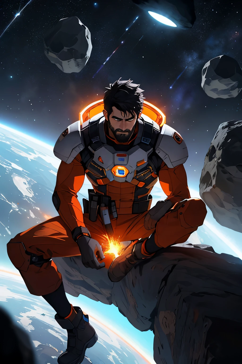 Draw a young programmer, sitting on a research platform floating in the middle of an asteroid belt. He is studying with a notebook, surrounded by several asteroids glowing with fiery auras. Dramatic lighting from distant stars and planets illuminates the scene, casting deep shadows on the suit. The young man looks confident and determined, looking at the vast and mysterious universe with wonder and respect,facial hair, cowboy shot,