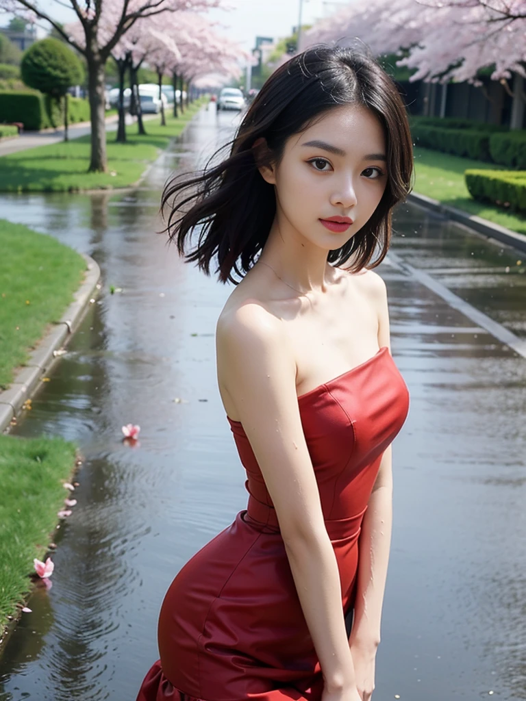 ((best quality, 8k, masterpiece: 1.3)), Focus: 1.2, Perfect body beauty: 1.4, buttock: 1.2, ((Laminated haircut)), (Wet clothes: 1.1), (Rain, street:1.3), Tulle Fabric, Plain skirt, (Red dress: 1.2), Soft style, The surface of the skin and face has many details, Delicate eyes, Double eyelids, White, Long and curly hair, (Shut up: 1.5), Bare-shoulders, Cherry blossoms in the background, Selfie angle camera