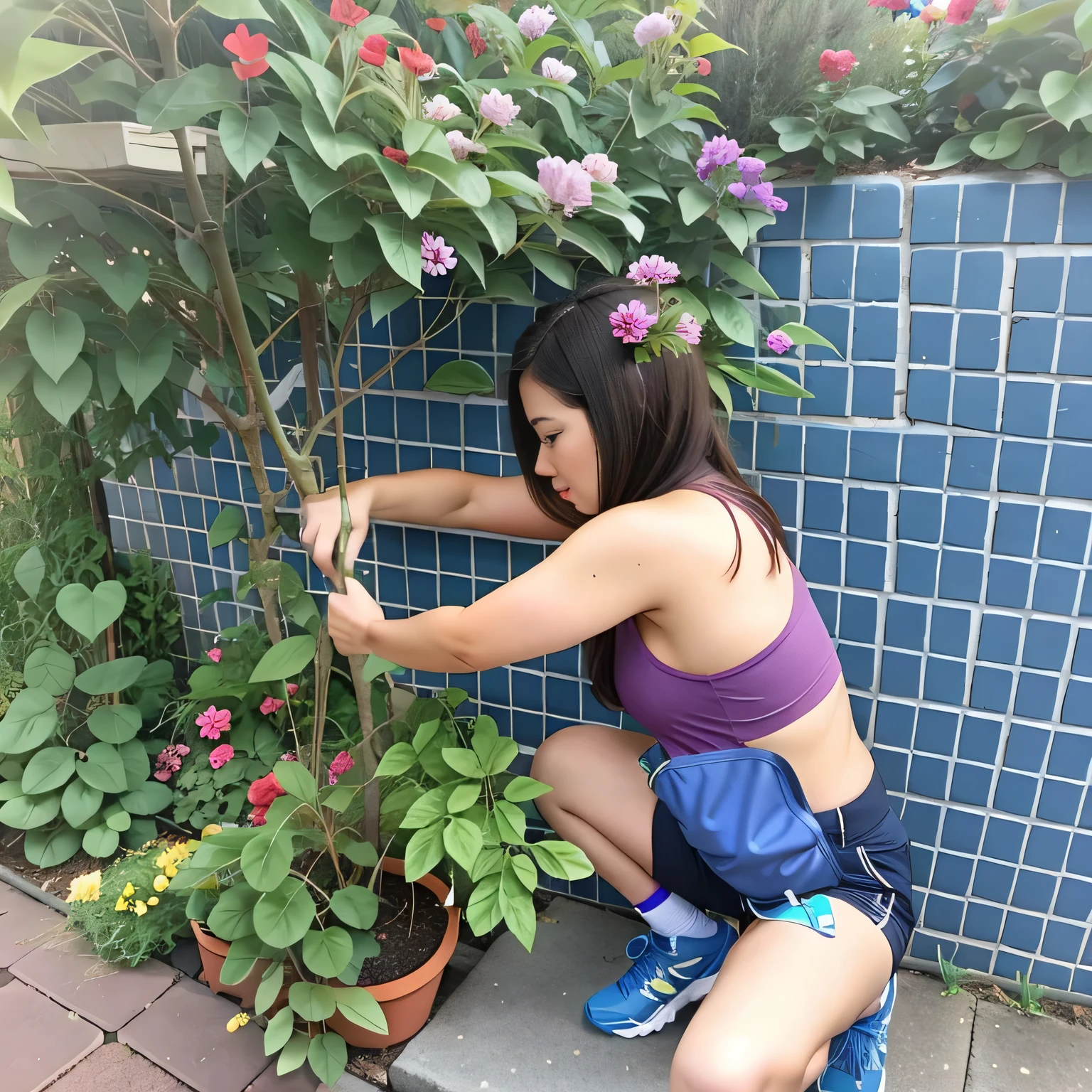 woman in blue shorts squatting down to plant a plant, covered in plants, cottagecore!! fitness body, next to a plant, picking up a flower, squatting down next to a pool, in the garden, picking flowers, gardening, in a cyberpunk garden, in garden, profile image, fit pic, pulling weeds out frantically, low quality photo