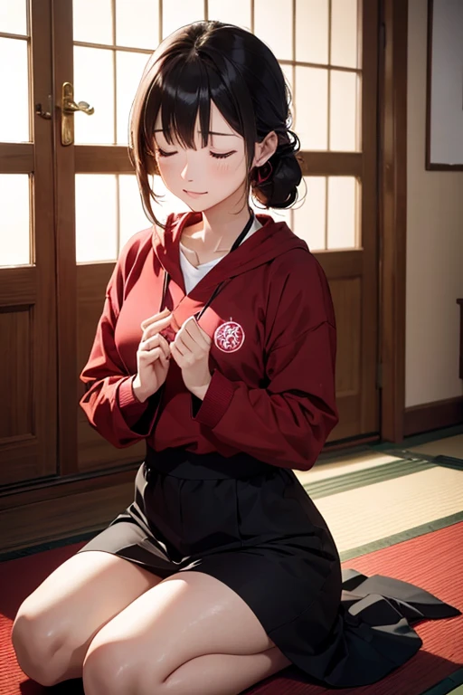 (8K), (Best Quality), (Mastepiece: 1.2) Japan Temple A woman practicing zazen Eyes closed, wearing a red sweatshirt