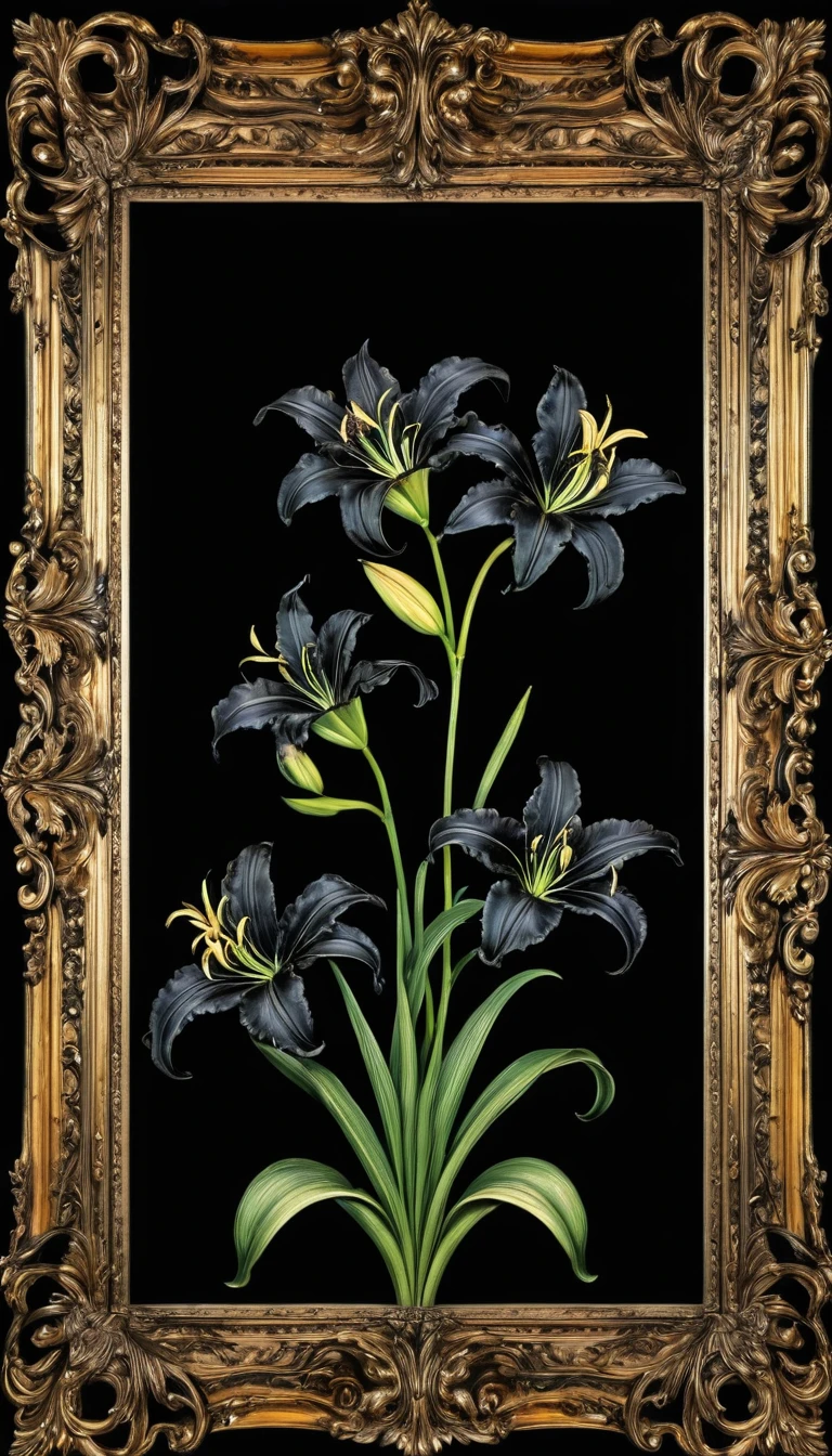 Black background Fit in the frame A slightly distorted baroque frame at the top center Black lilies Fit in the frame