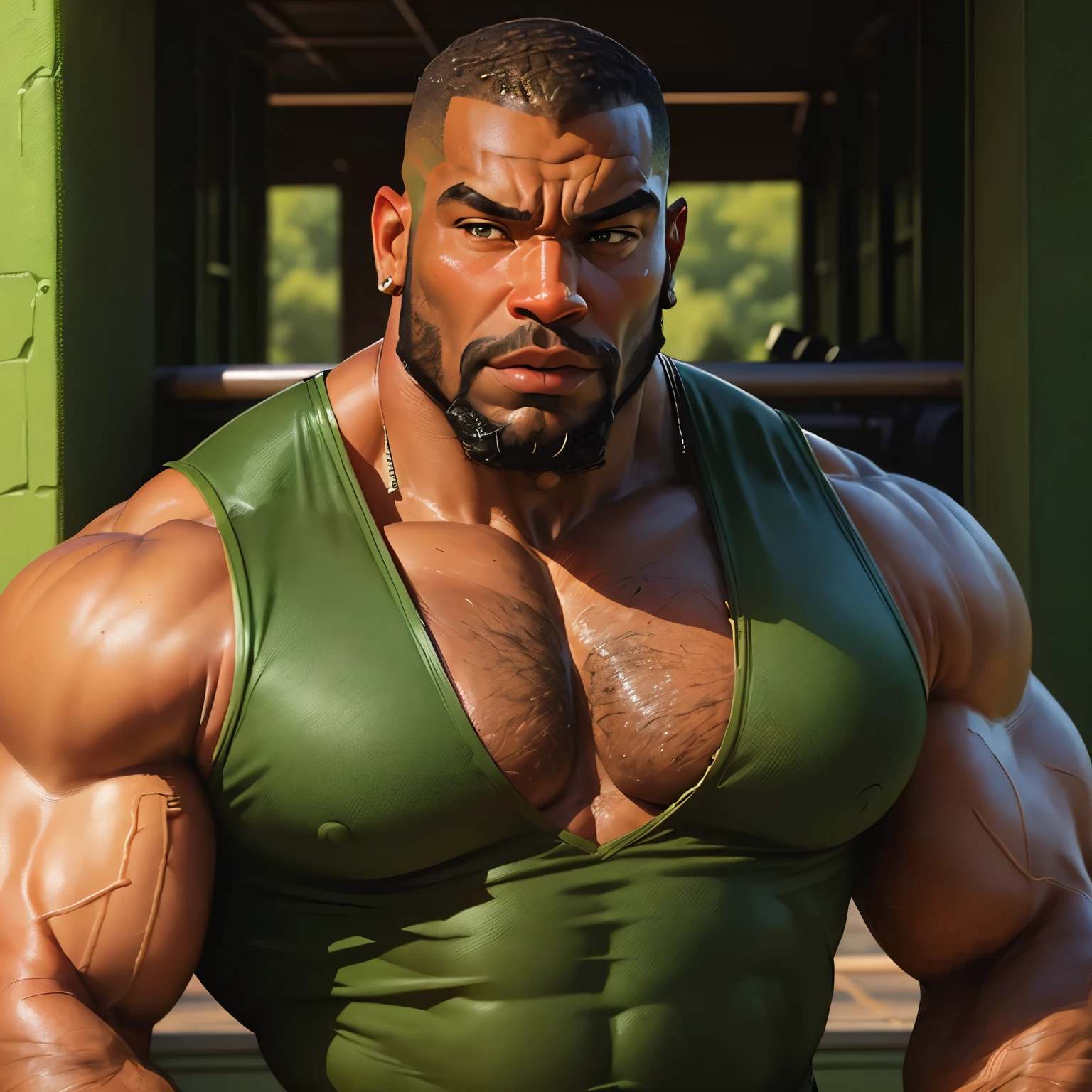 an exaggeratedly muscular and large bodyguard, beefy build, beard, dark-skinned african american male, buzzcut hair with square line, (surprised expression: 1.2), (wearing green sleeveless military top: 1.2), (bara pecs: 1.3), (arm and chest hair: 1.1), close-up portrait HD, (cowboy angle), (outside military base)