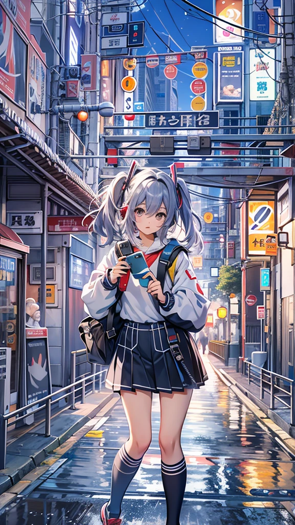 (masterpiece), (highest quality:1.4), (Ultra-high resolution:1.2), Ultra-detailed backgrounds, (unity 8k wallpaper), A pretty high school girl wearing headphones walking through the streets of Tokyo in an illustration influenced by city pop culture、uniform、Wear loose socks for a stylish and nostalgic look、One subject without splitting the screen