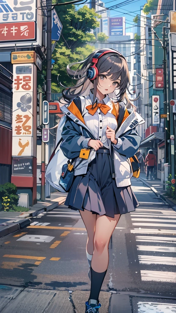 (masterpiece), (highest quality:1.4), (Ultra-high resolution:1.2),  Ultra-detailed backgrounds, (unity 8k wallpaper), A pretty high school girl wearing headphones walking through the streets of Tokyo in an illustration influenced by city pop culture、uniform、Wear loose socks for a stylish and nostalgic look、One subject without splitting the screen