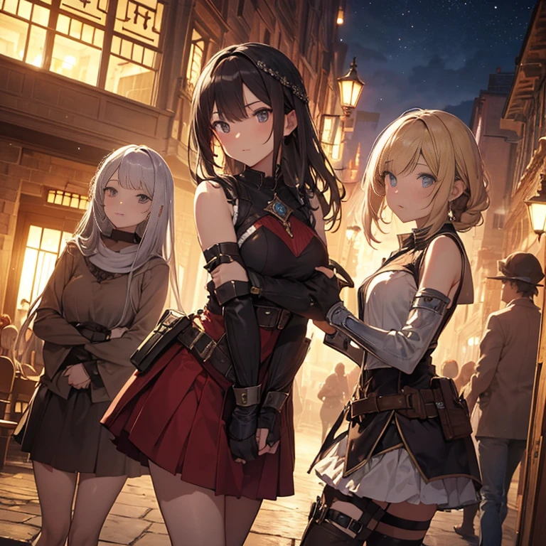 A group of female medieval fantasy adventurers, (in tavern), various hair styles, harem, night, details face, short skirt, seducing, sleeveless, armor