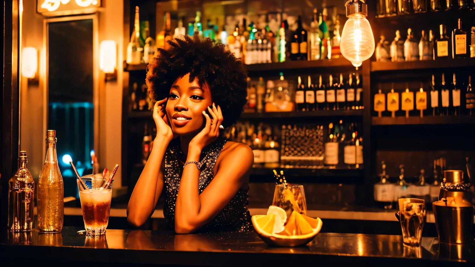At a fashionable bar at night&A beautiful woman with an afro singing B