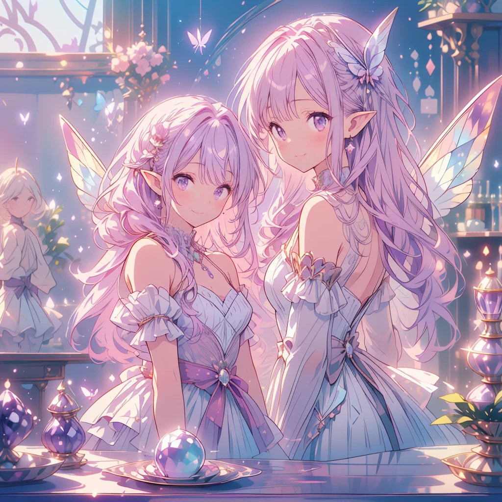 (masterpiece、highest quality、Very detailed、beautiful、Exquisite、16k、Full HD)、((whole body))、((White background))、((smile、Happy:1.5))、((Frills、Rhinestone、amethyst) 、Sparkling purple fluffy layered ball gown))、((Show off your dress:1.5))、((Butterfly Wings))、(amethystティアラ、amethystチョーカー、amethystイヤリング、amethystシューズ、)、(Pink medium hair、Blown by the wind、Fluffy hair)、(White skin、Lavender eyes、Long eyelashes、Big eyes、Pale pink cheeks、Pointy Ears)、dazzling light、warm lighting、(pastel colour、Tabletop、Art Station、Fantasy art:1.2) 、