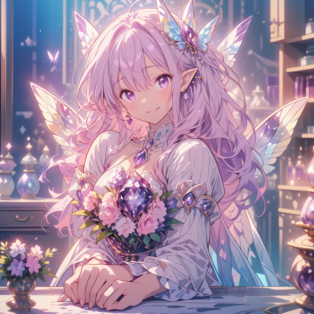 (masterpiece、highest quality、Very detailed、beautiful、Exquisite、16k、Full HD)、((whole body))、((White background))、((smile、Happy:1.5))、((Frills、Rhinestone、amethyst) 、Sparkling purple fluffy layered ball gown))、((Show off your dress:1.5))、((Butterfly Wings))、(amethystティアラ、amethystチョーカー、amethystイヤリング、amethystシューズ、)、(Pink medium hair、Blown by the wind、Fluffy hair)、(White skin、Lavender eyes、Long eyelashes、Big eyes、Pale pink cheeks、Pointy Ears)、dazzling light、warm lighting、(pastel colour、Tabletop、Art Station、Fantasy art:1.2) 、
