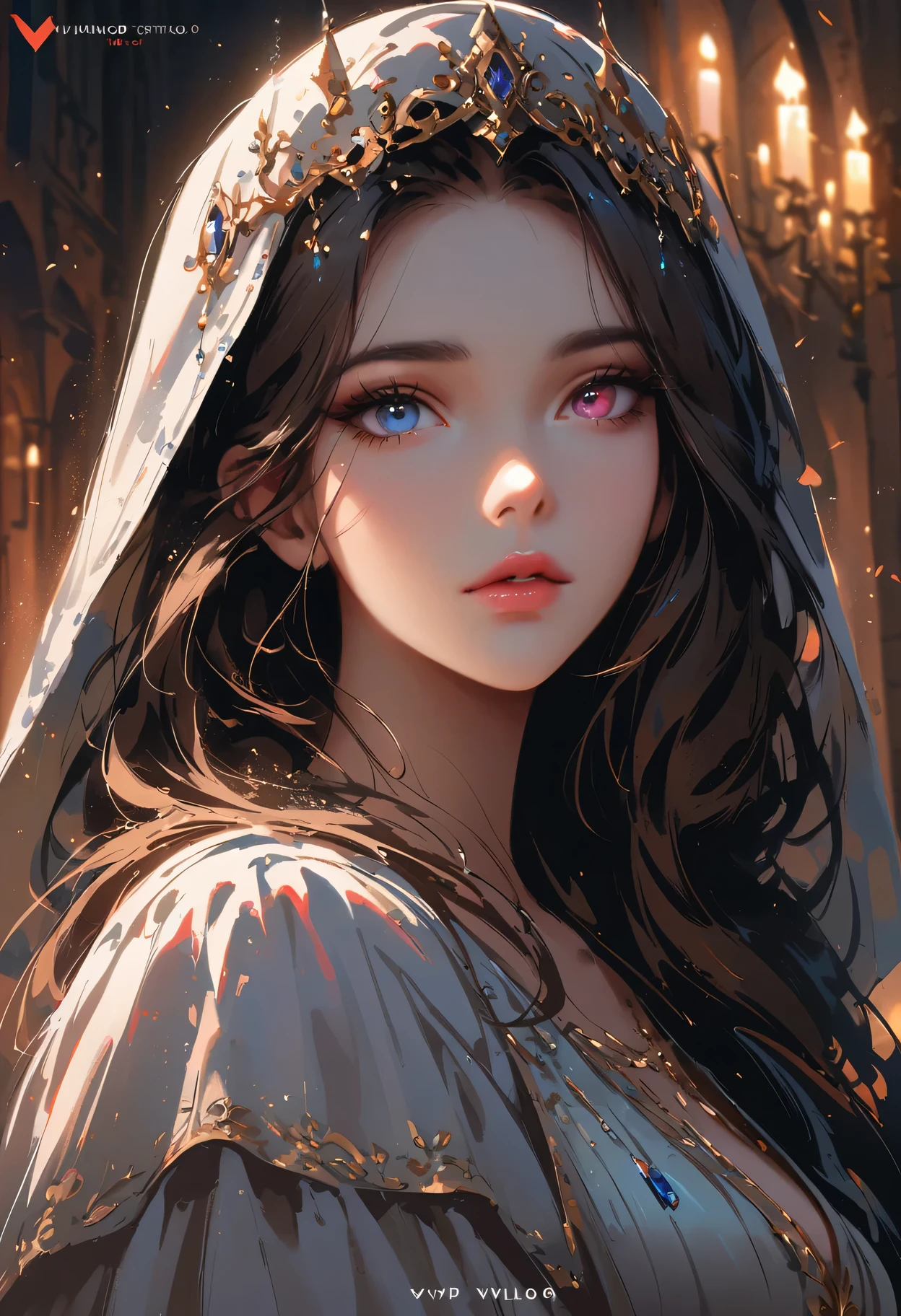 sakimychan style, Wlop style, portrait, Delicate face, Beautiful woman, Full lips, Opaque veil, Medieval veil, Head Rail, 12th century, Heterochromia of the Eyes, iridescent eyes, medieval clothing, Briot, Lord of the Rings dress, Nearly perfect, Beautiful anime style, Clean Delicate face, glowing shadow, beautiful gradient, Depth of Field, Medieval street architecture, Clean Graphics, high quality, High Detail, HD, Luminous Studio graphics engine