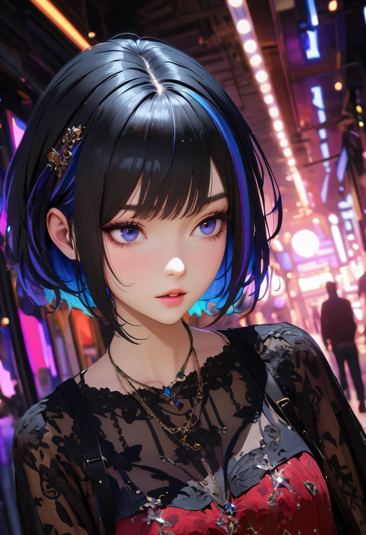 masterpiece, best quality,3D rendering work ,3DMM style,3D,1 Girl, Dynamic angle, Colorful hair, Blue Hair, Black Hair, necklace, freckle, jewelry, Two-tone hair, look to the side, Practical,  Bangs, Look away, short hair, parted Lips, Beautiful eyes, Lips, Gothic, necklace, cosmetic, shirt, Lace, Dynamic blur background, 