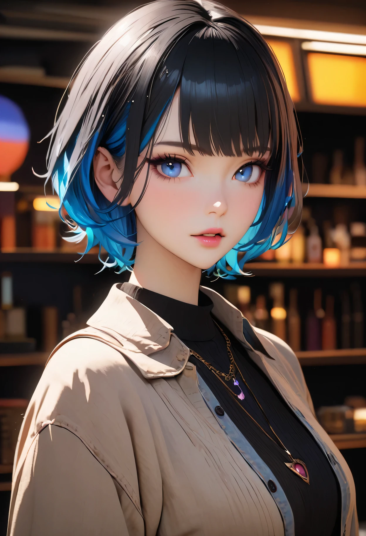 masterpiece, best quality,3D rendering work ,3DMM style,3D,1 Girl, Dynamic angle, Colorful hair, Blue Hair, Black Hair, necklace, freckle, jewelry, Two-tone hair, look to the side, Practical,  Bangs, Look away, short hair, parted Lips, Beautiful eyes, Lips, Gothic, necklace, cosmetic, shirt, Lace, Dynamic blur background, 