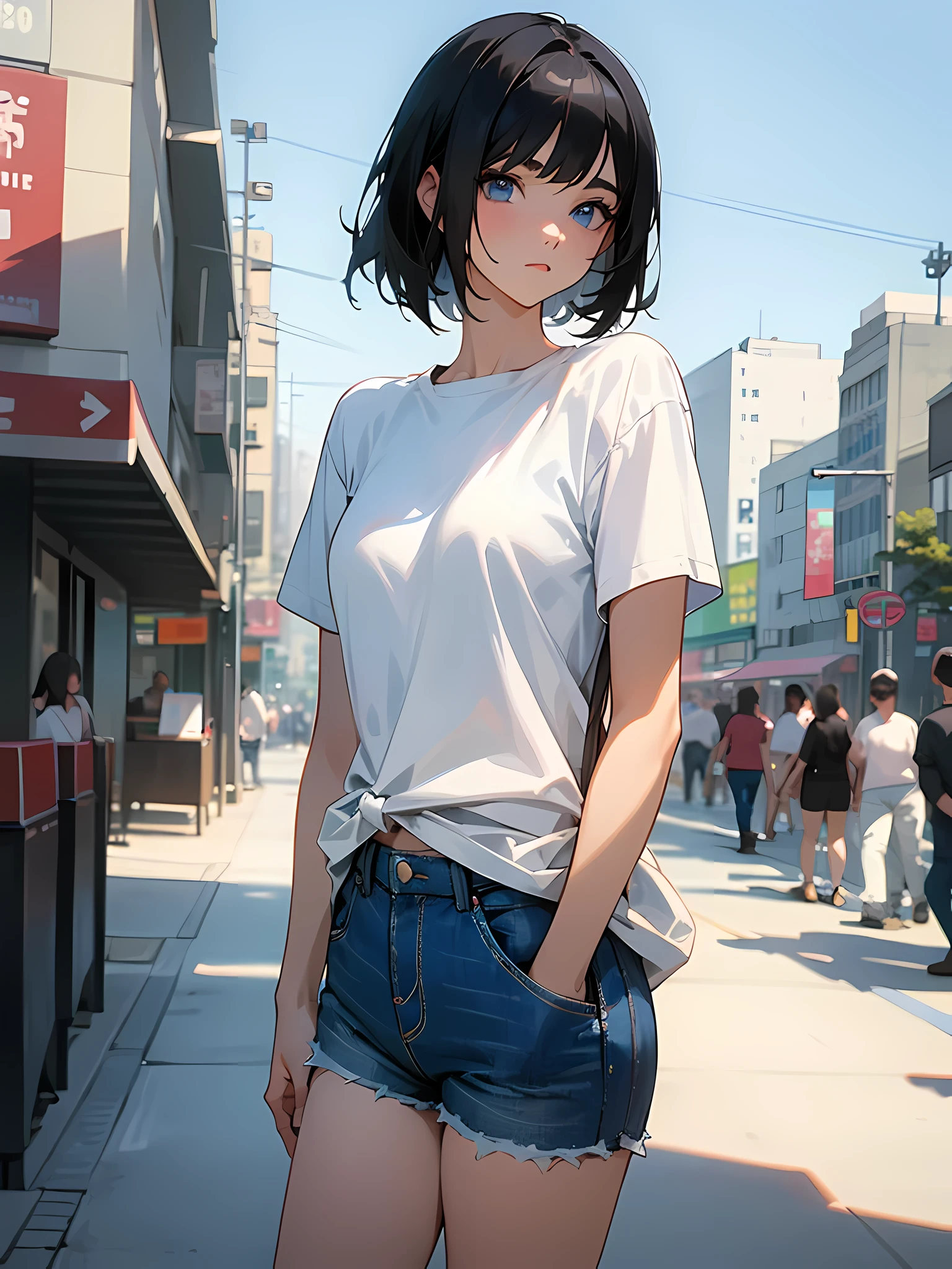 A young woman with short black hair and blue eyes, dressed in a plain white shirt and denim shorts, stands in a bustling cityscape. The image is in absurdly high resolution, an 8K masterpiece, with the woman gazing directly at the viewer