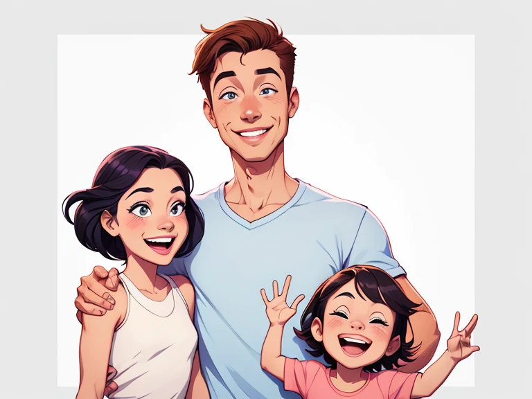 Happy couple of man and woman with beautiful smile cartoon style digital illustration white background with a son and a daughter