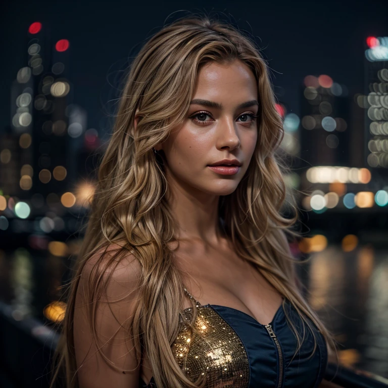 Ultra realistic, highly detailed 24 year old woman standing in front of a city skyline at night. Looking at viewer. 1 beautiful girl with very long wavy thick blonde hair. Large, round firm breasts. brown eyes, perfect body, perfect lips. wearing sexy, low cut, royal blue sequined party dresses. RAW photo, full sharp, detailed face (high detailed skin:1.2), 8k uhd, dslr, soft lighting, high quality, film grain, Fujifilm XT3Realistic, perspective, light and shadow, dim lighting, highly detailed, full body, DOF --auto --s2-upscale - --auto --style realistic-upscale -