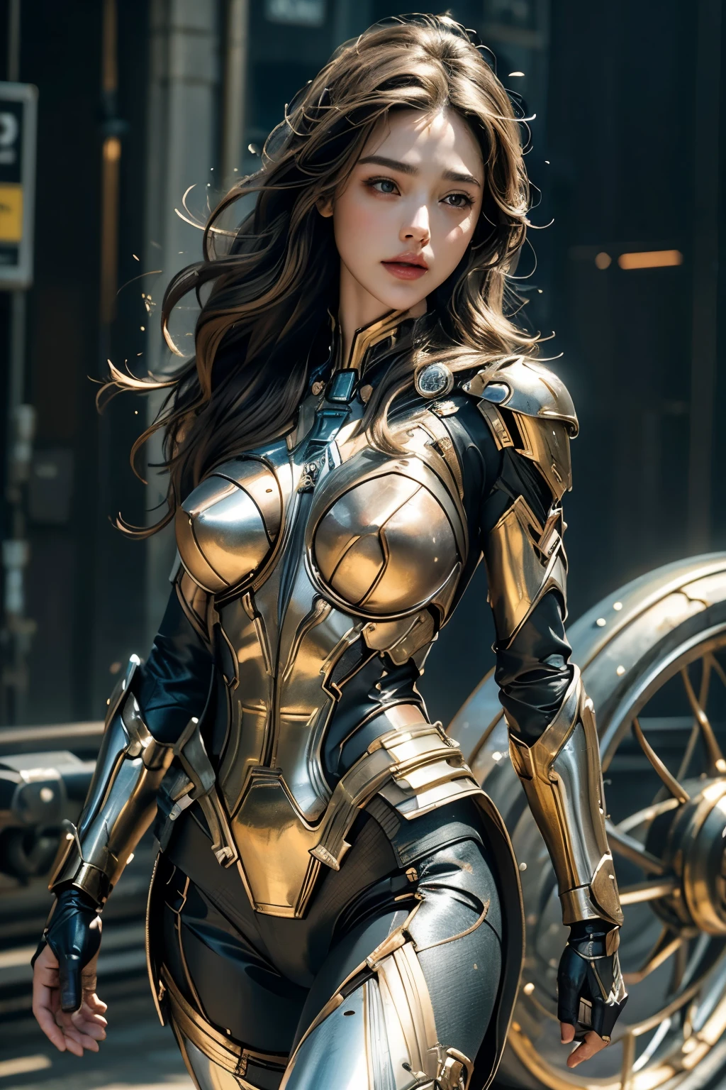 ((Best quality)), ((masterpiece)), (detailed:1.4),(aesthetic:1.2), visually stunning brunet woman (1girl), extreme detailed,colorful,highest detailed,epic (Sony A7, 50 mm, pores: 1.5, colors, hyperdetailed: 1.5, film grain: 1.4, hyper-realistic: 1.5), hyper-realistic texture, masterpiece, unreal engine 5, extremely detailed CG unit 8k wallpaper, Crazy Detailed Photo, Hyper-Realistic Light,lot of detail,superhero armor with extream detailed