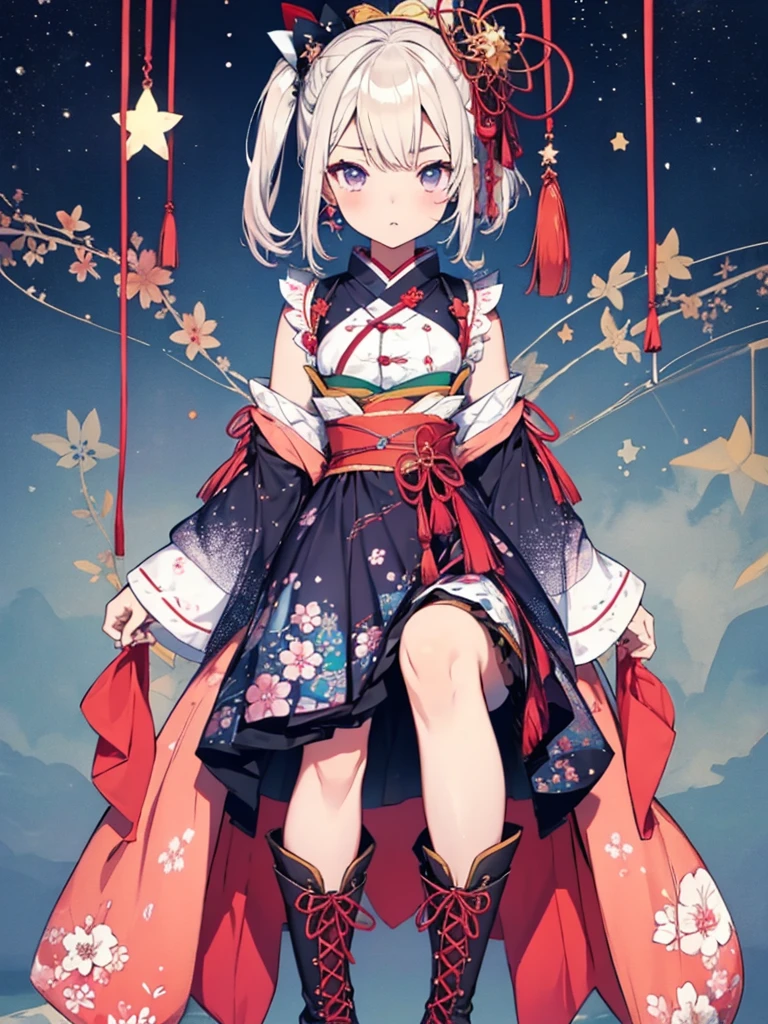 1girl、vtuber-fullbody、Star Fairy、Masterpiece、Official Art、Super detailed、super beautiful、かわいいStar Fairy、white straight short hair、Milky Way、universe、star charm、Star、Baby Face、Knee-high boots、Japanese pattern dress、A beautiful girl wearing black and white clothes that are a remake of a yukata.、universeを思わせるOiranフリルドレス、Oiran