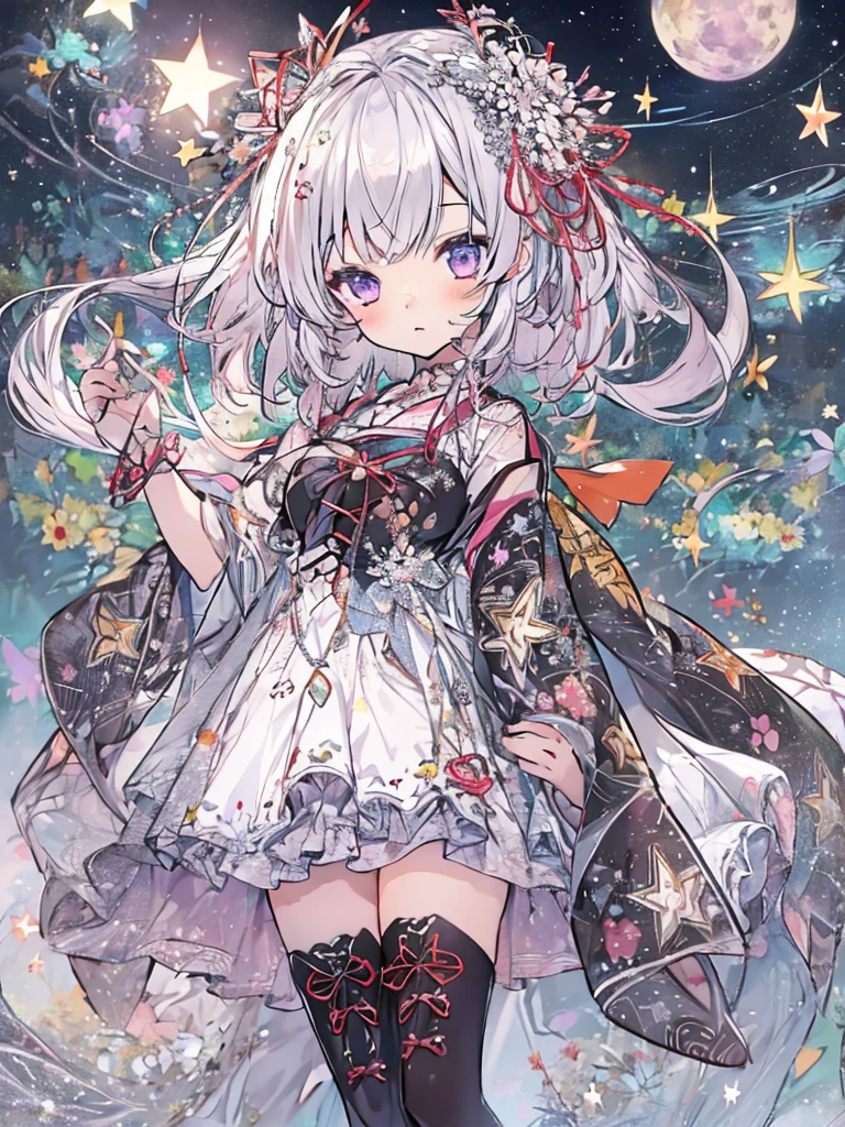 1girl、vtuber-fullbody、Star Fairy、Masterpiece、Official Art、Super detailed、super beautiful、かわいいStar Fairy、white straight short hair、Milky Way、universe、star charm、Star、Baby Face、Knee-high boots、Japanese pattern dress、A beautiful girl wearing black and white clothes that are a remake of a yukata.、universeを思わせるOiranフリルドレス、Oiran、Box Pleats Mini、
