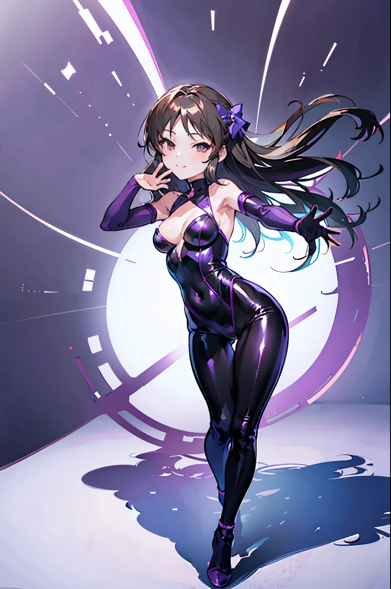 highest quality Highest quality draw the face carefully Anime style high quality face super shiny skin black full body suit purple pantyhose Succubus lure smile Rear view Back view