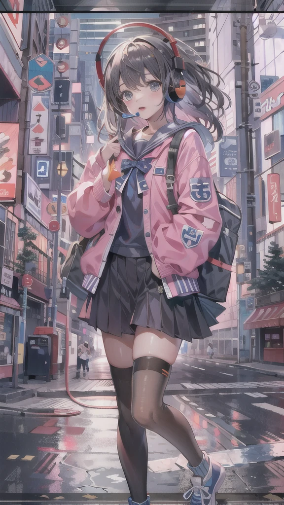 (masterpiece), (highest quality:1.4), (Ultra-high resolution:1.2), Highly detailed background, (unity 8k wallpaper), Cute high school girl wearing headphones walking through the streets of Tokyo。Illustrations inspired by city pop culture、uniform、Wear loose socks for a stylish and nostalgic look、Display one subject without splitting the screen